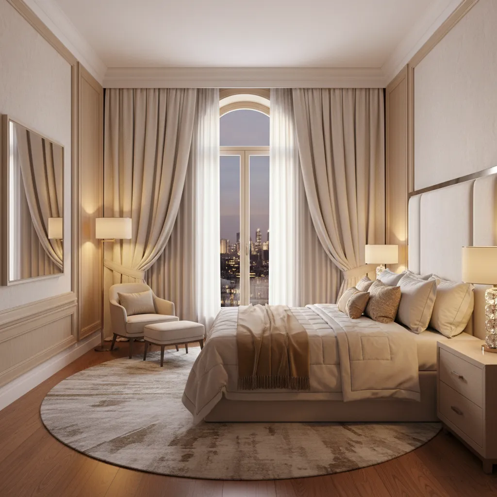 luxury bedroom with thick velvet cream curtains providing light blocking