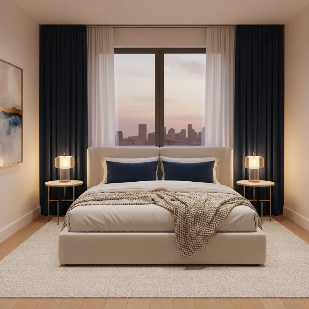 Bedroom with cream walls and dark velvet curtains creating contrast