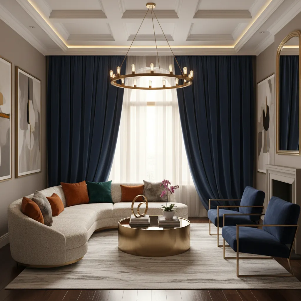 Deep navy velvet curtains in a luxury living room