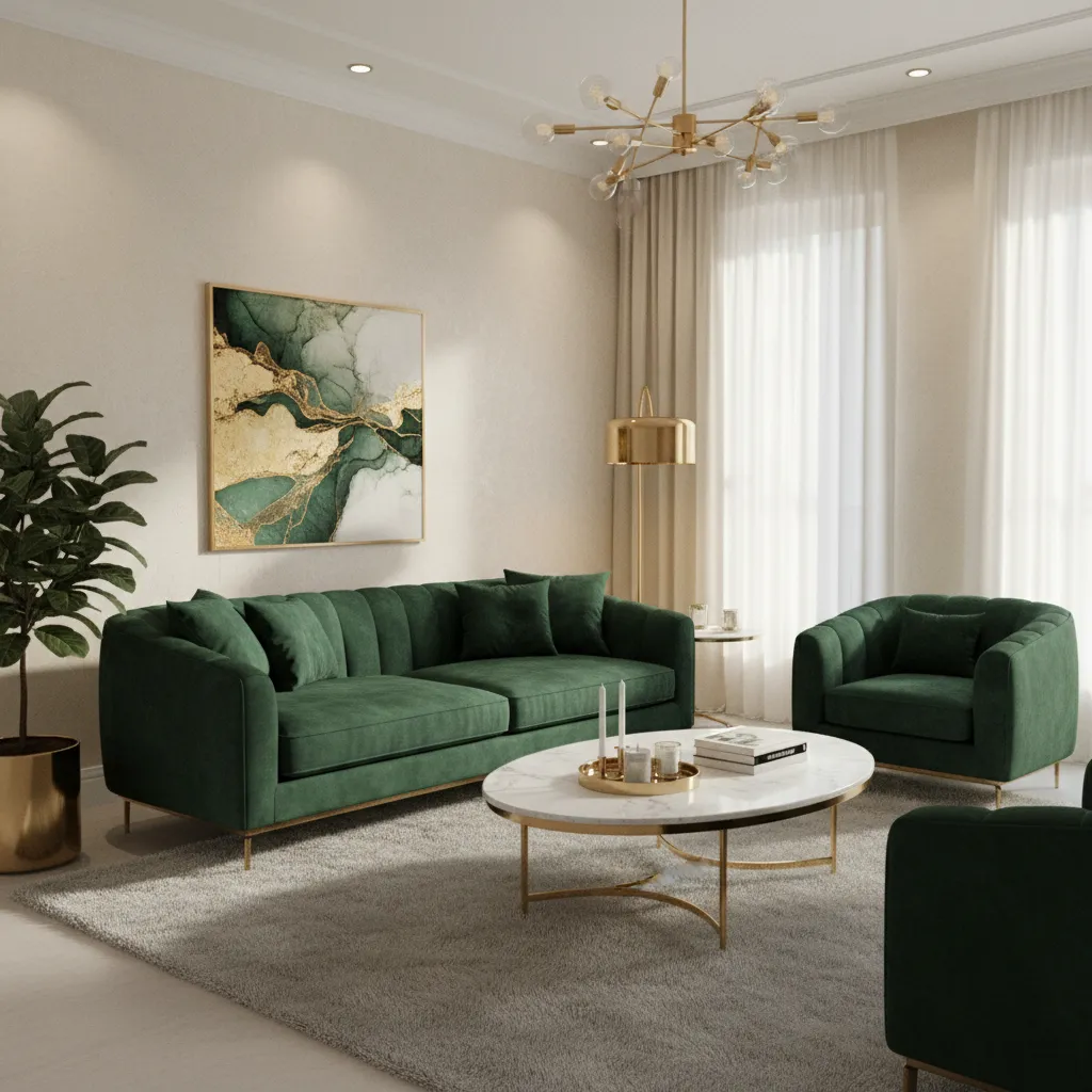 Emerald velvet luxury sofa in elegant living room interior