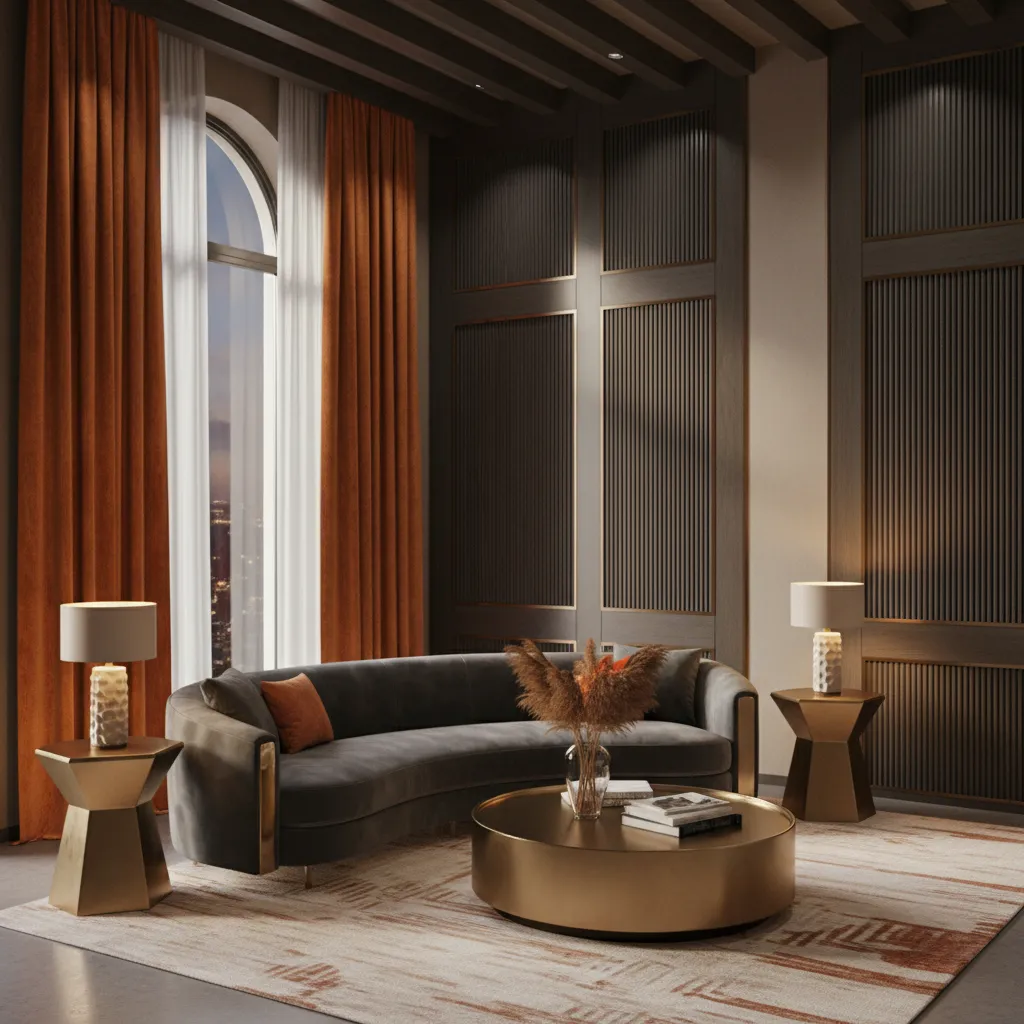 luxury living room with burnt orange velvet curtains