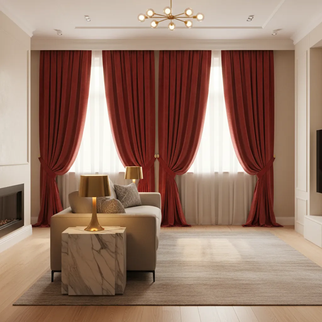 luxury living room featuring heavy red velvet curtains with deep folds