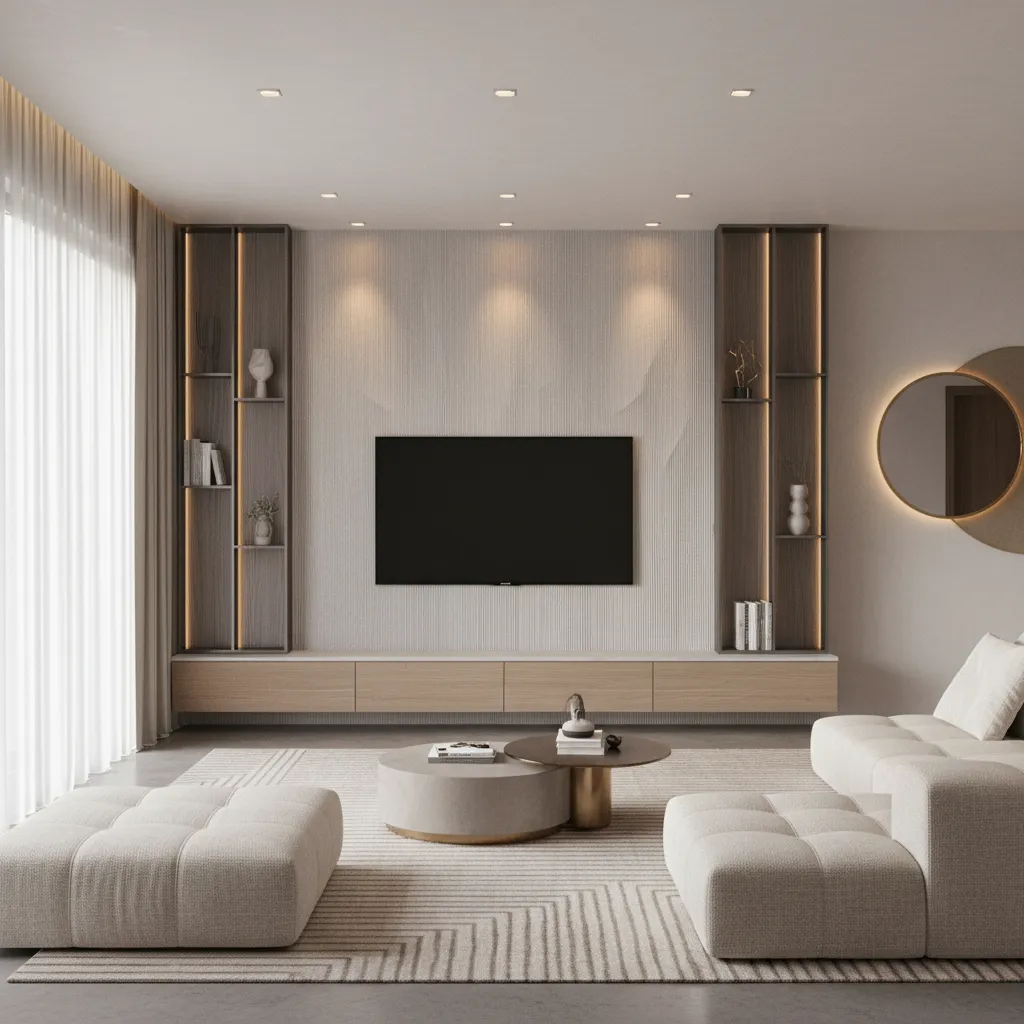Modern living room with a textured TV wall, wood cabinet, beige sofa, and round mirror