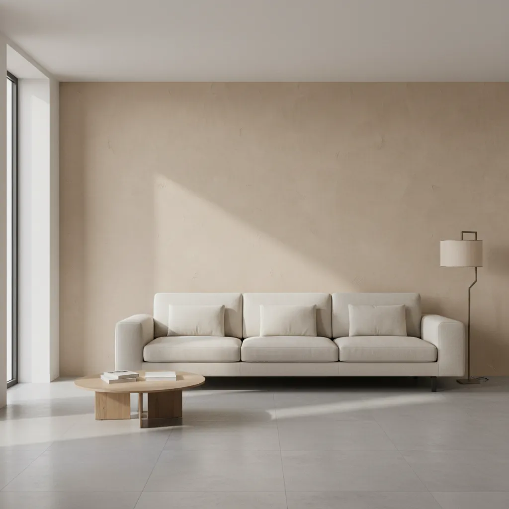 Cream sofa against textured beige wall with round wooden coffee table and tall floor lamp