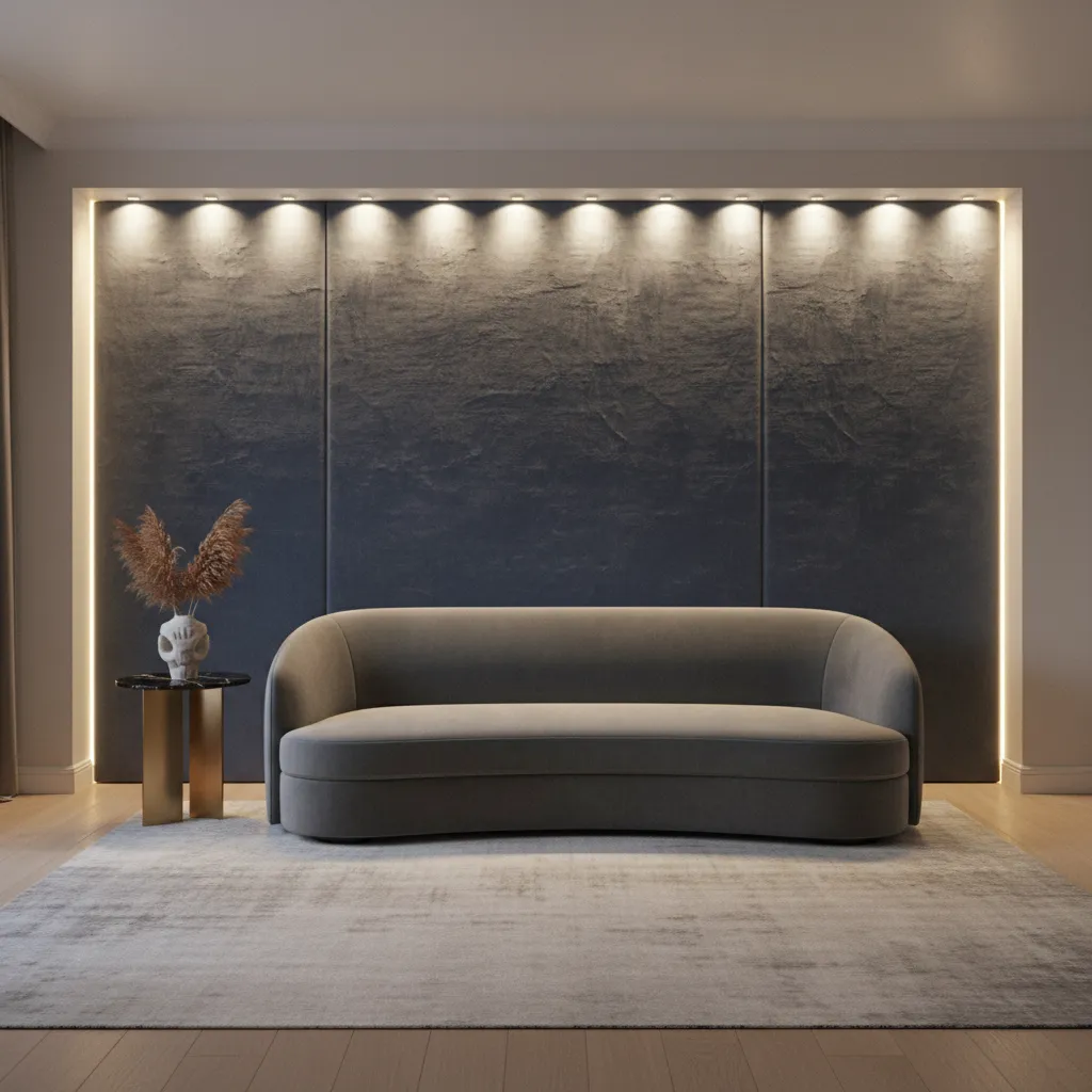 Curved grey sofa placed in front of dark textured wall panel with warm accent lighting
