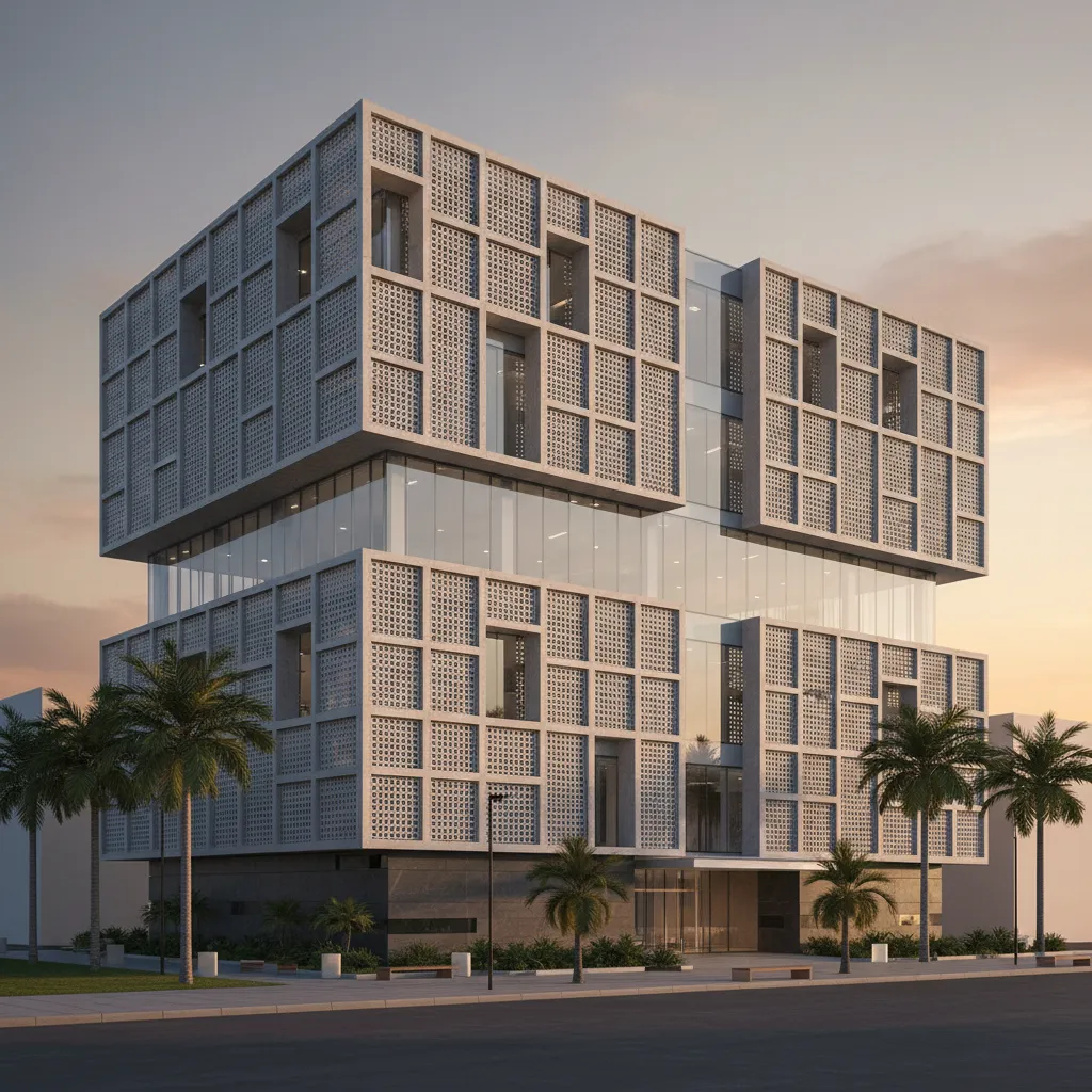 double skin facade with patterned cement ventilator blocks