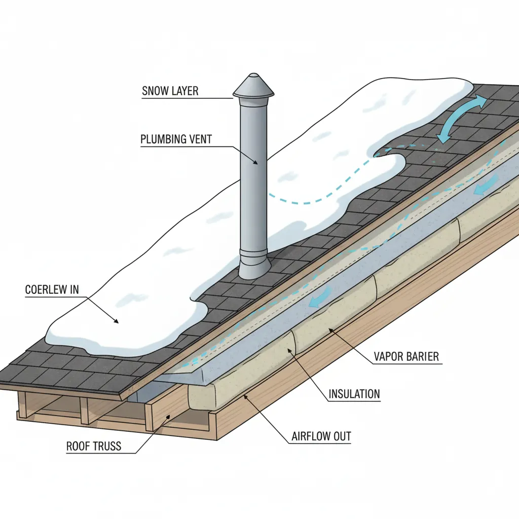 Illustration showing plumbing vent pipe extending above roof snow accumulation