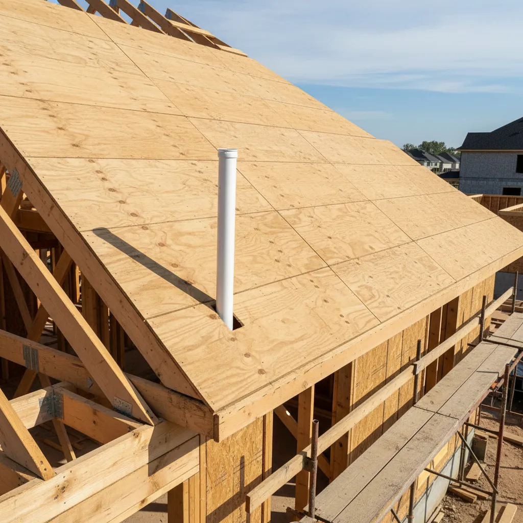 PVC plumbing vent pipe extending through roof sheathing during home construction