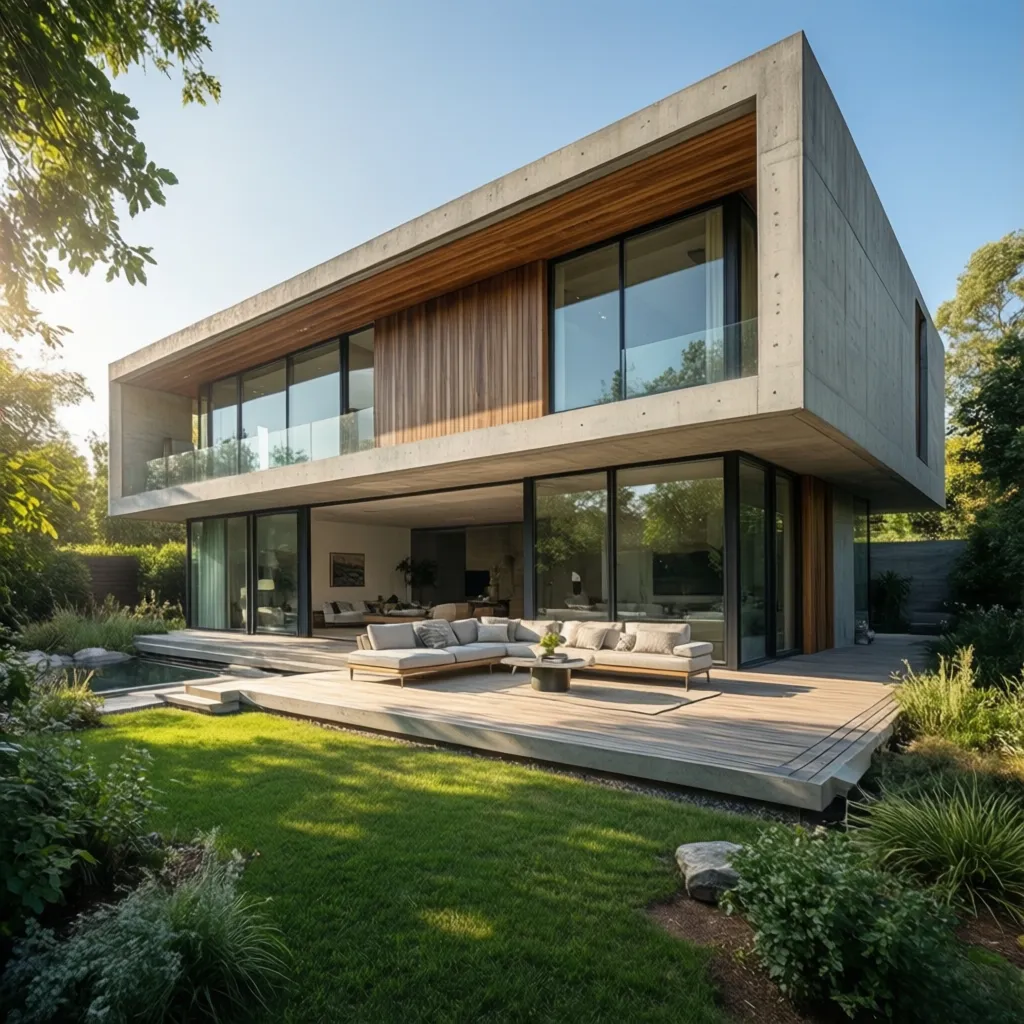 Modern concrete house with large windows wooden deck outdoor sofa and green grass garden trees