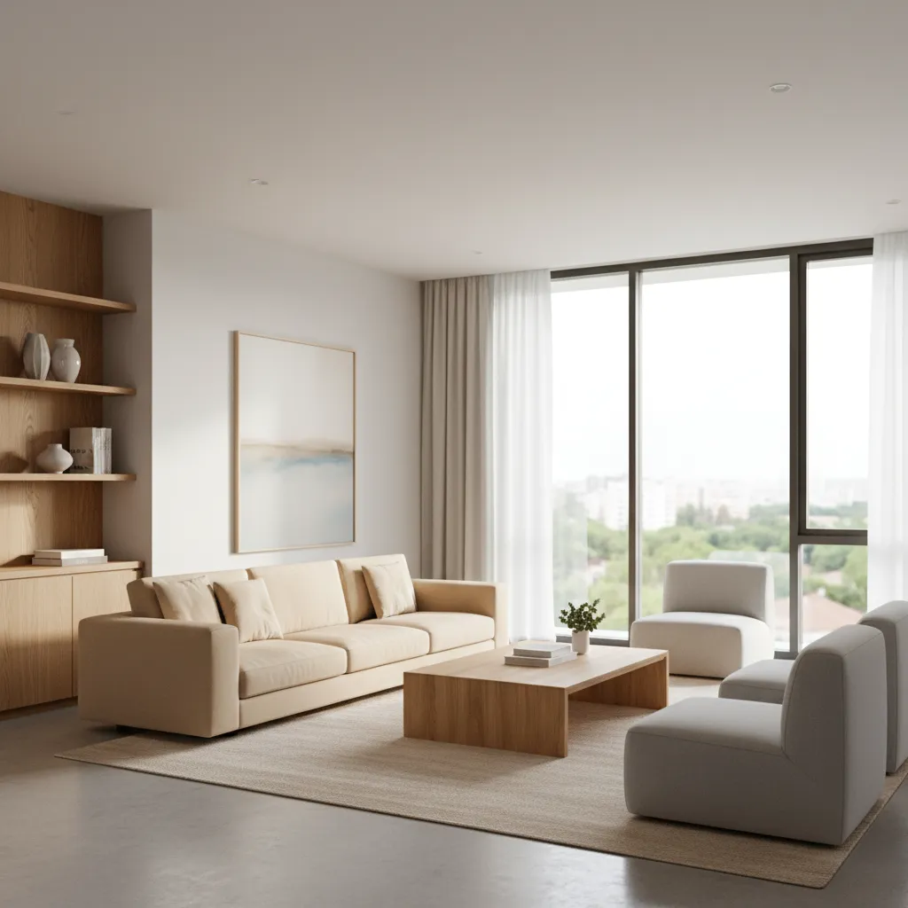 Salón moderno bien distribuido con mobiliario funcional y buena iluminación