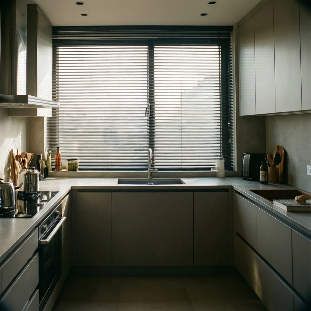 Cocina moderna con ventana horizontal sobre encimera