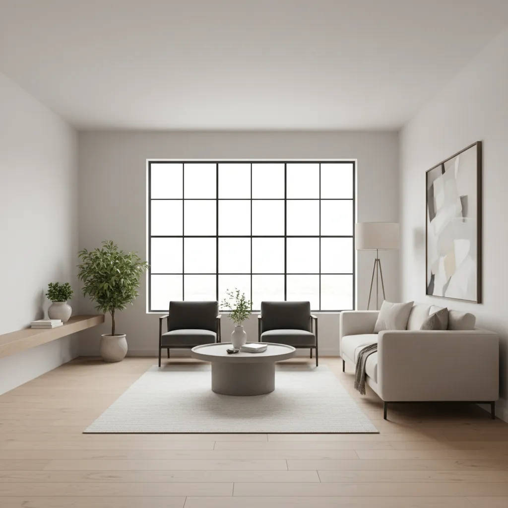 salón moderno iluminado por una gran ventana cuadrada