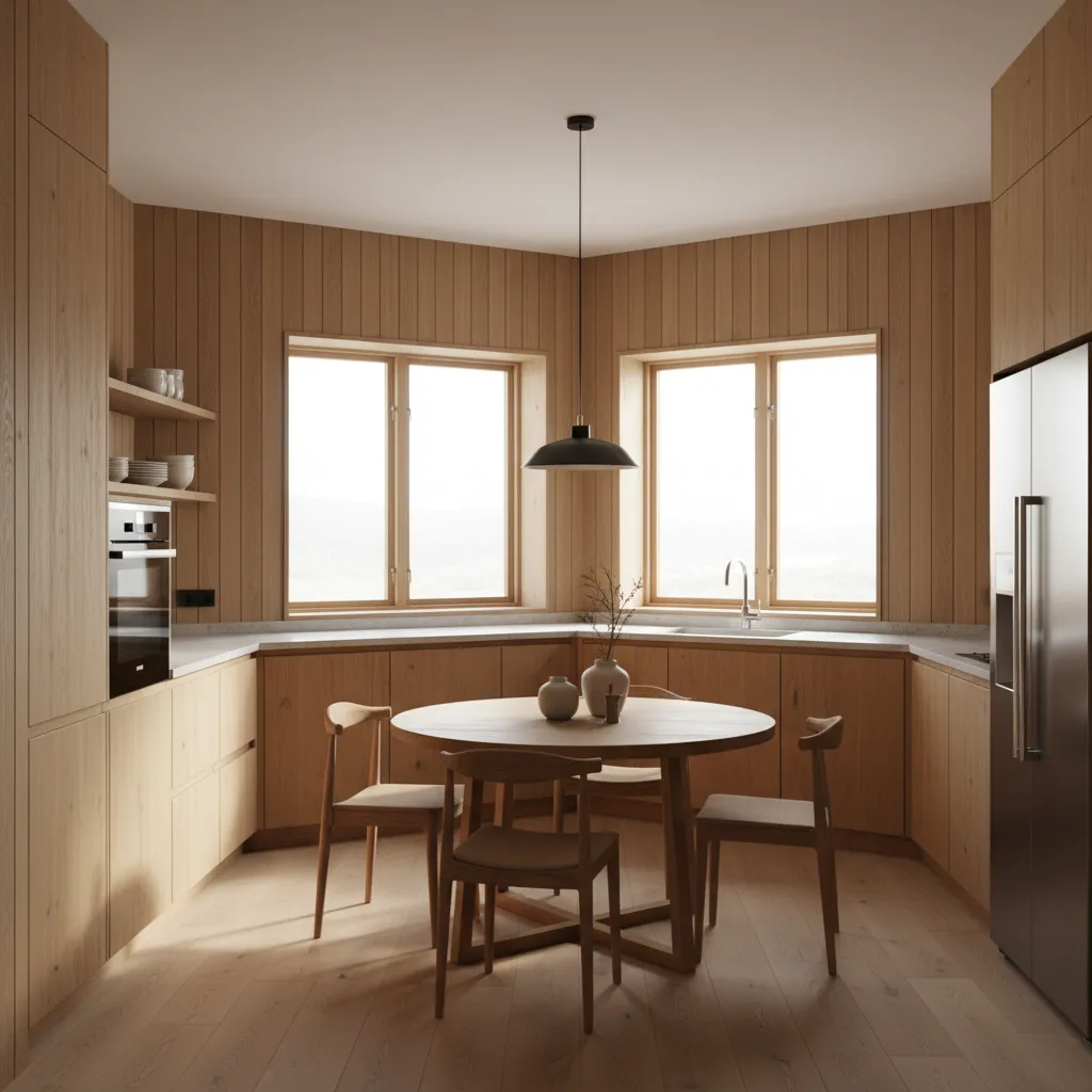 Ventana en esquina en una cocina de casa de madera con mucha luz