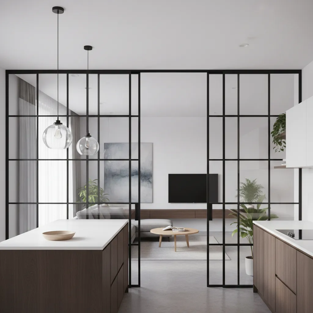 Modern kitchen with wood cabinets glass partition wall living room grey sofa and glass lights