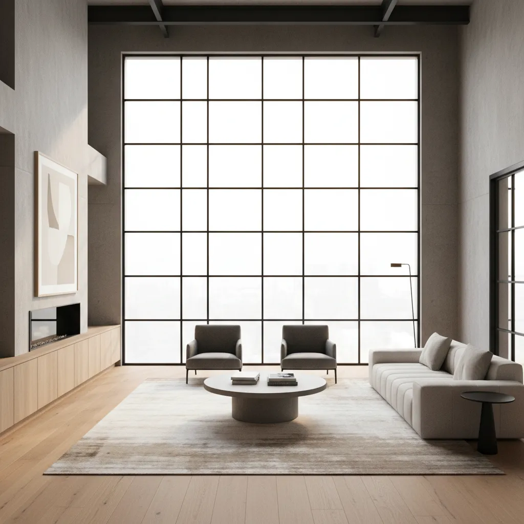 Minimalist living room with large glass windows wooden floor white sofa two grey armchairs rug