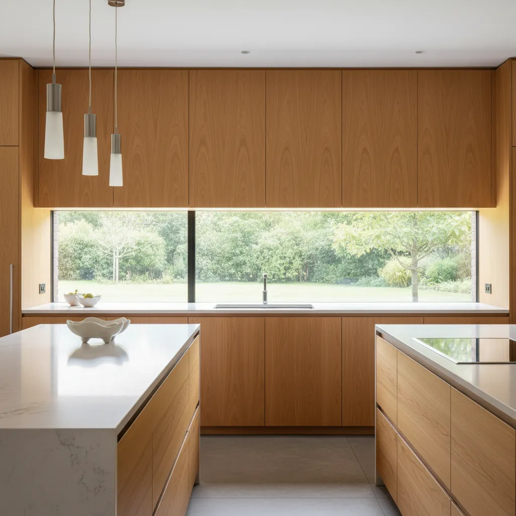 Ventana horizontal alargada en una cocina moderna de madera