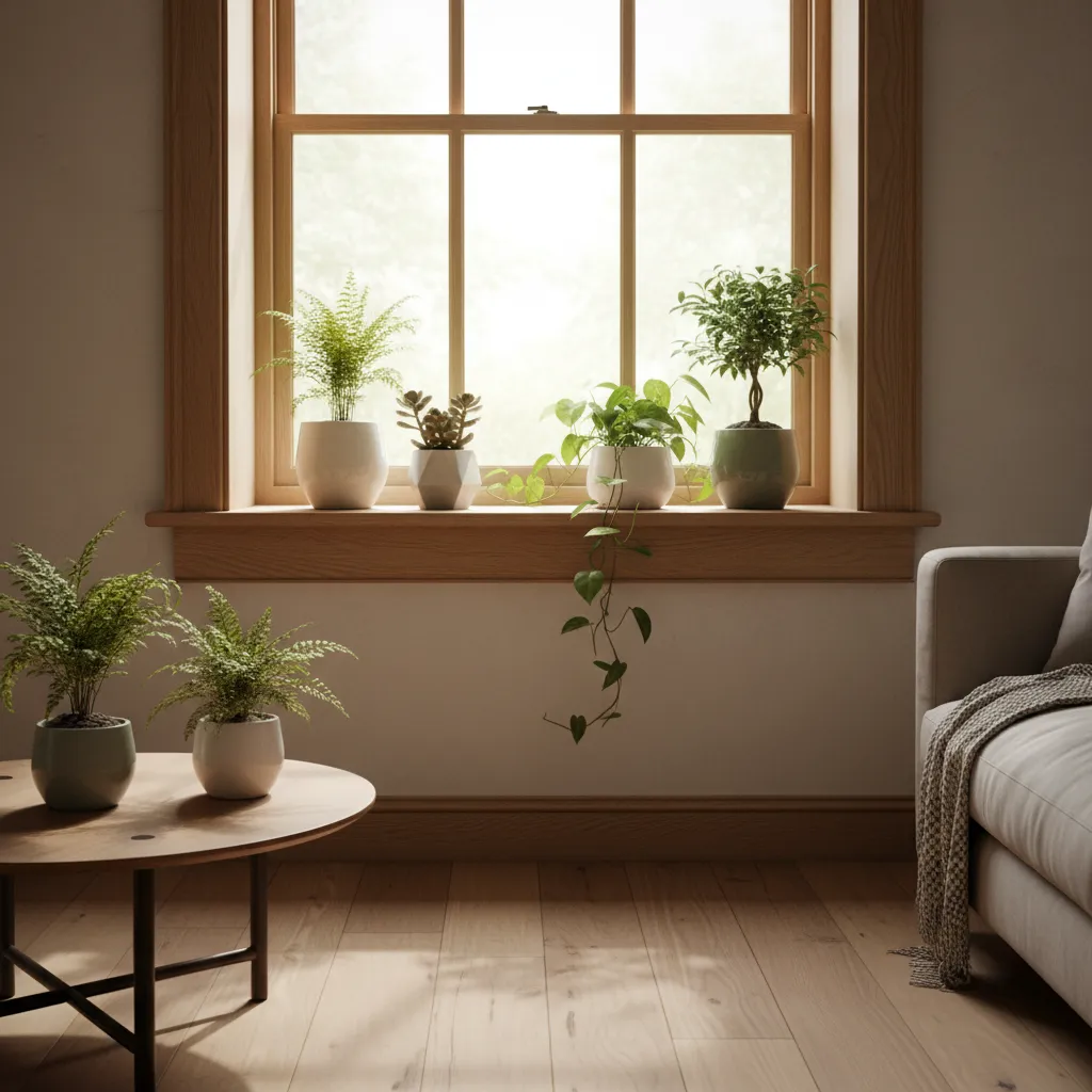Ventana interior con pequeñas plantas en el alféizar