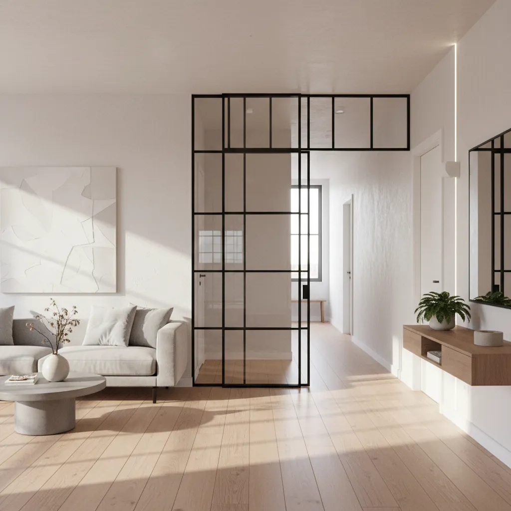 Ventana interior estilo industrial con marco metálico negro