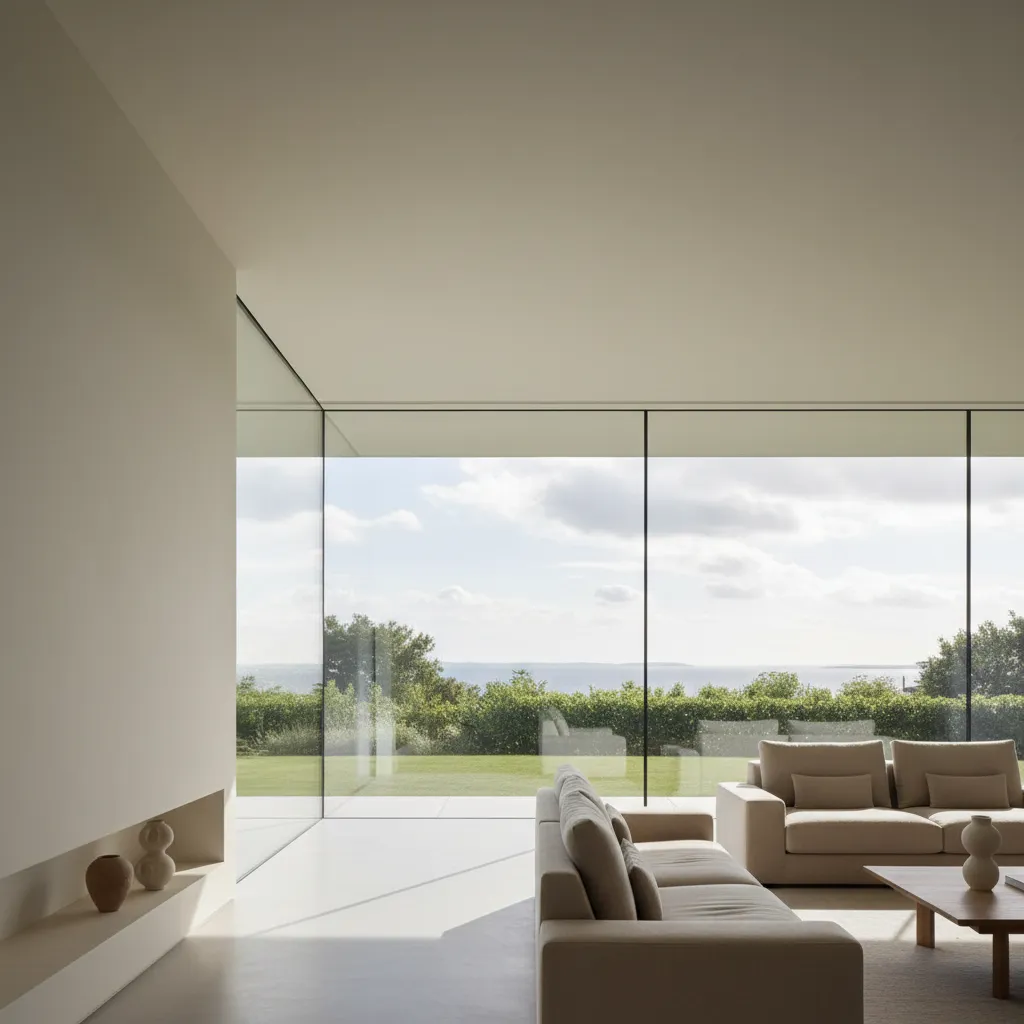 Ventana minimalista con marco fino en interior moderno