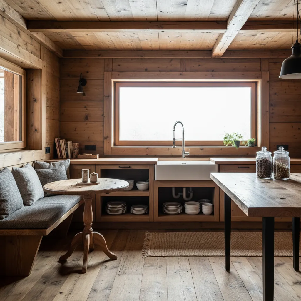 Ventana sobre el fregadero en una cocina de casa de madera