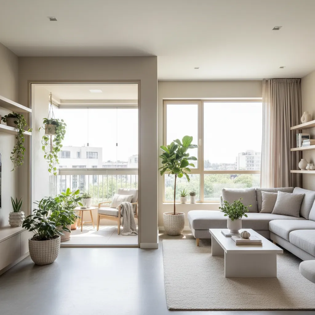 Ventana interior que conecta un salón con una terraza cerrada luminosa