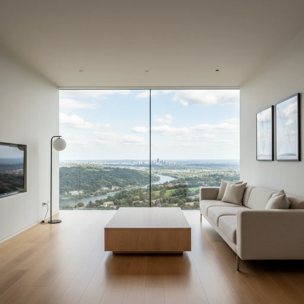 Salón moderno con ventanal panorámico horizontal y vista exterior