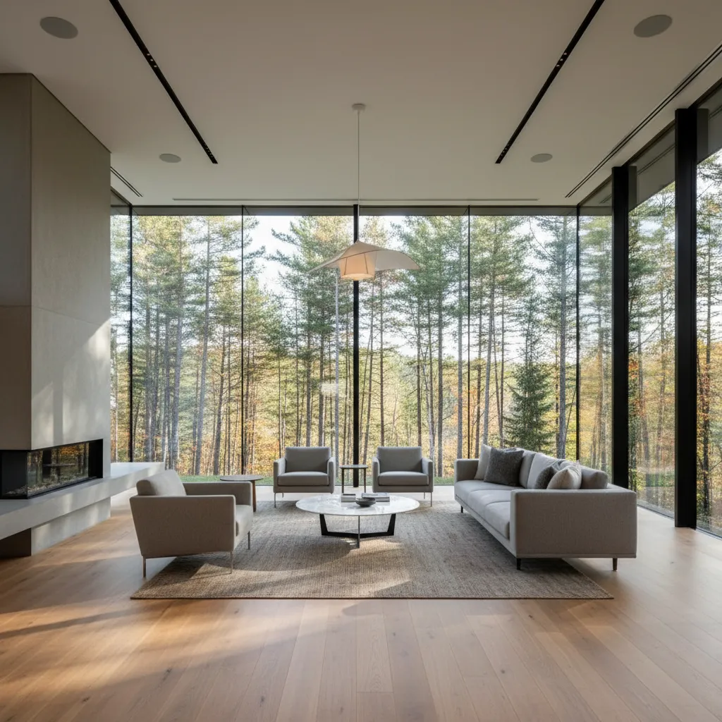 Modern living room with grey sofa and large windows looking out to a green forest