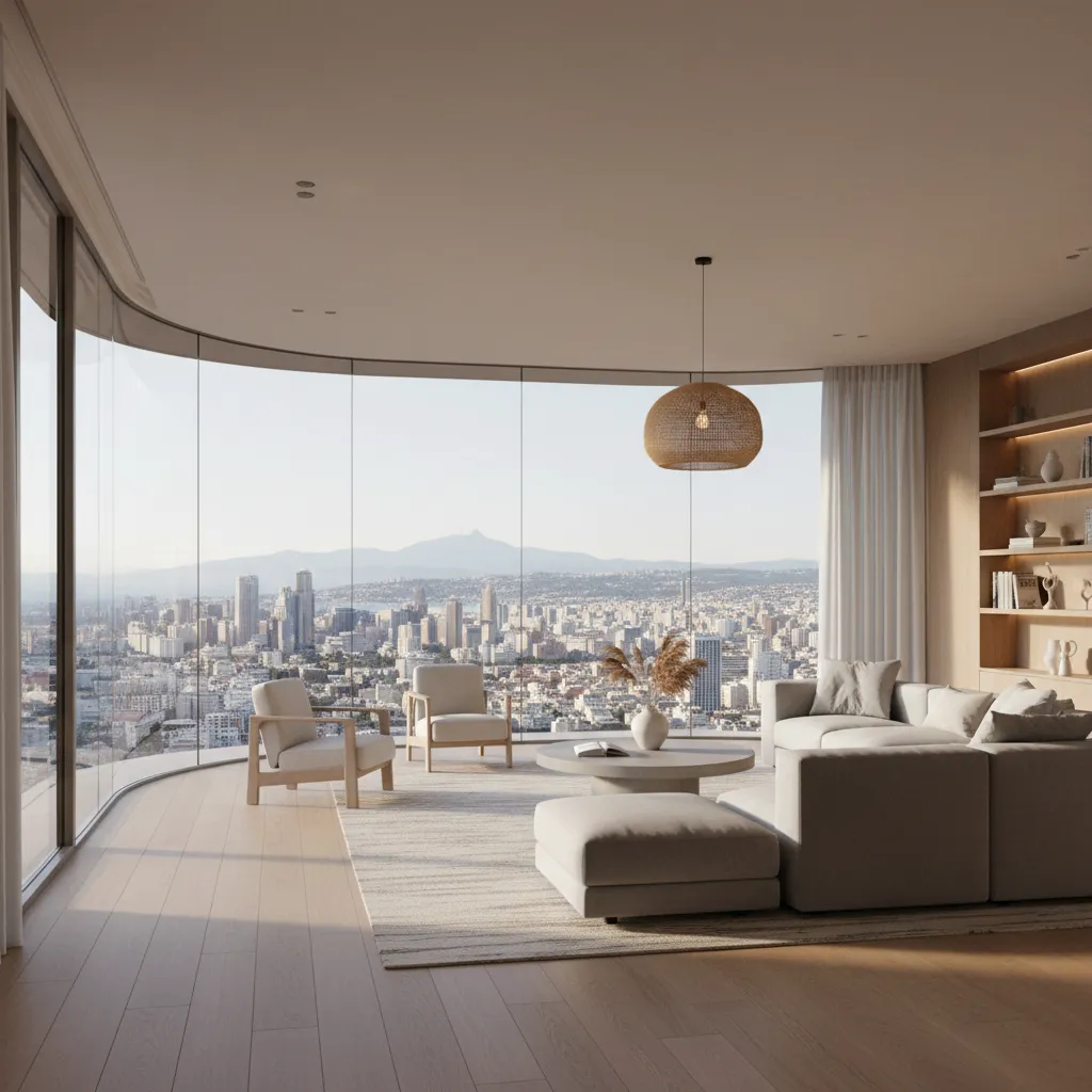 Salón de casa moderna con grandes ventanales panorámicos