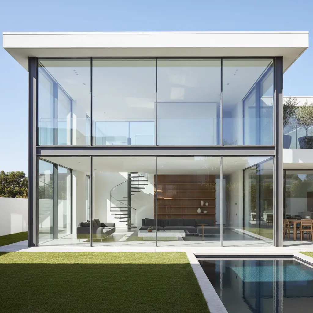 Casa moderna con grandes ventanales durante construcción