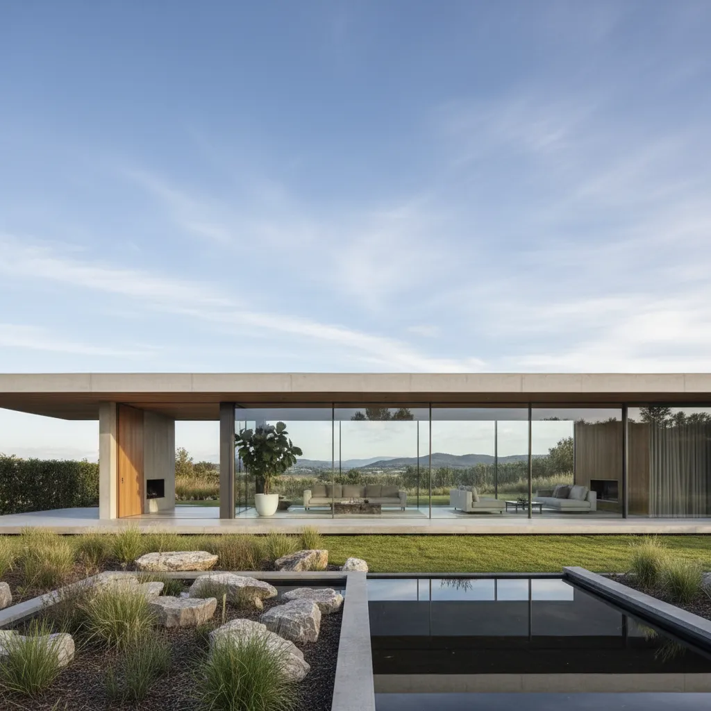Casa moderna de una planta con grandes ventanales hacia el jardín