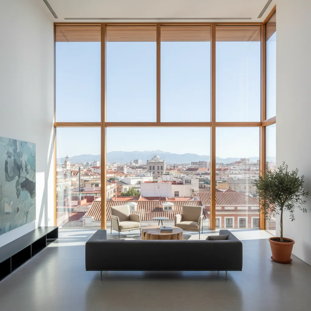 Gran ventanal moderno en una vivienda de diseño con vista urbana