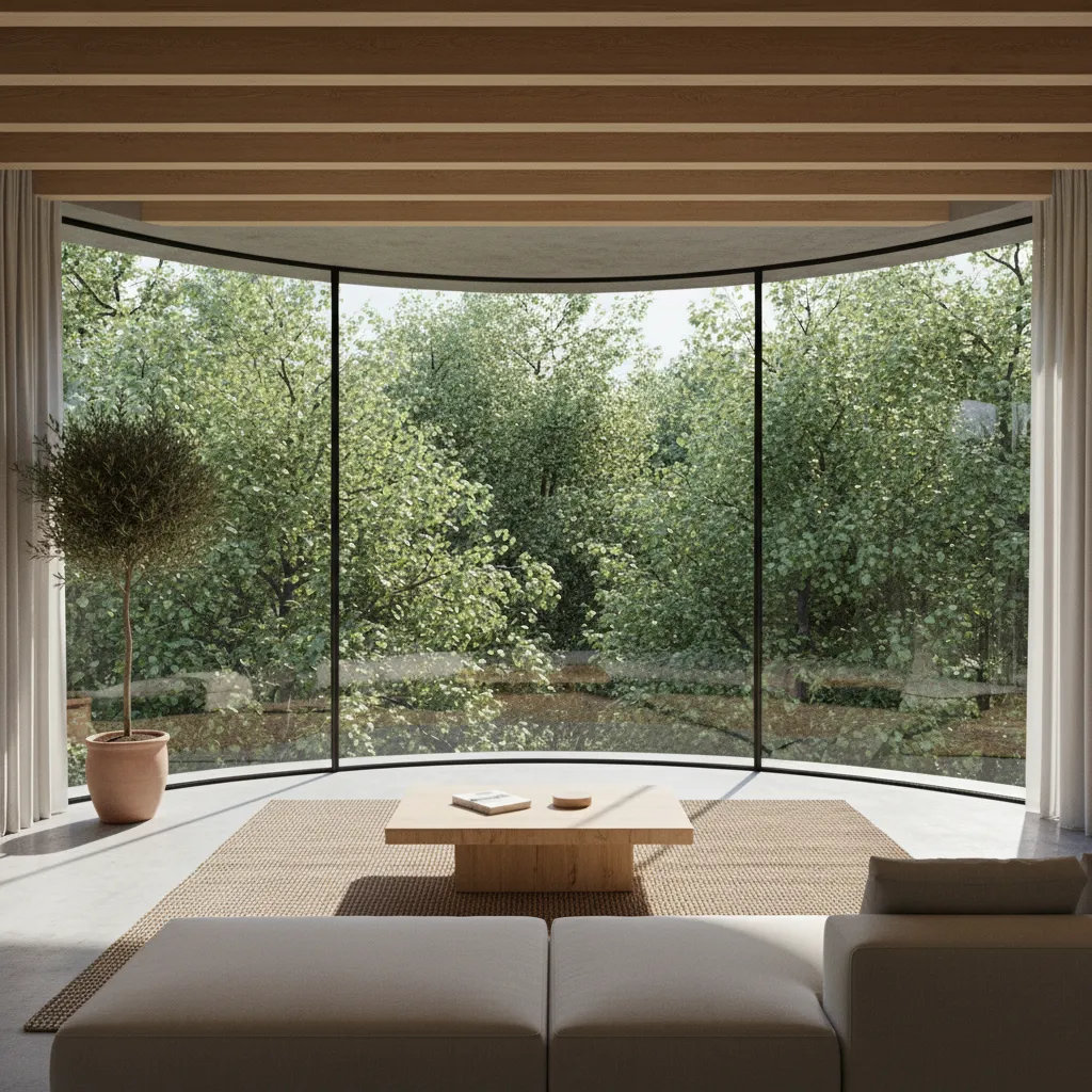 Salón con ventanales panorámicos y vista a la naturaleza