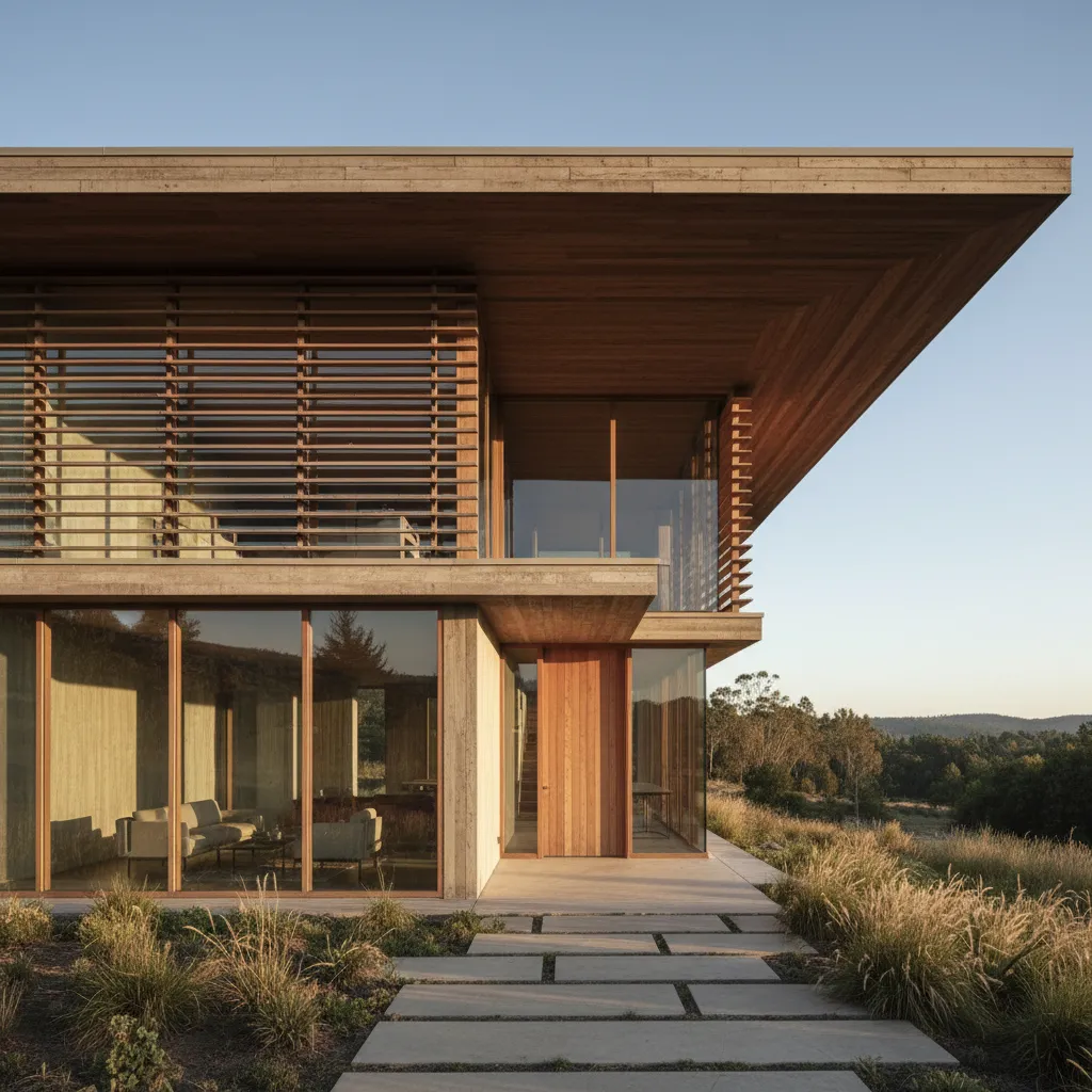 Fachada moderna con grandes ventanales y sistemas de protección solar