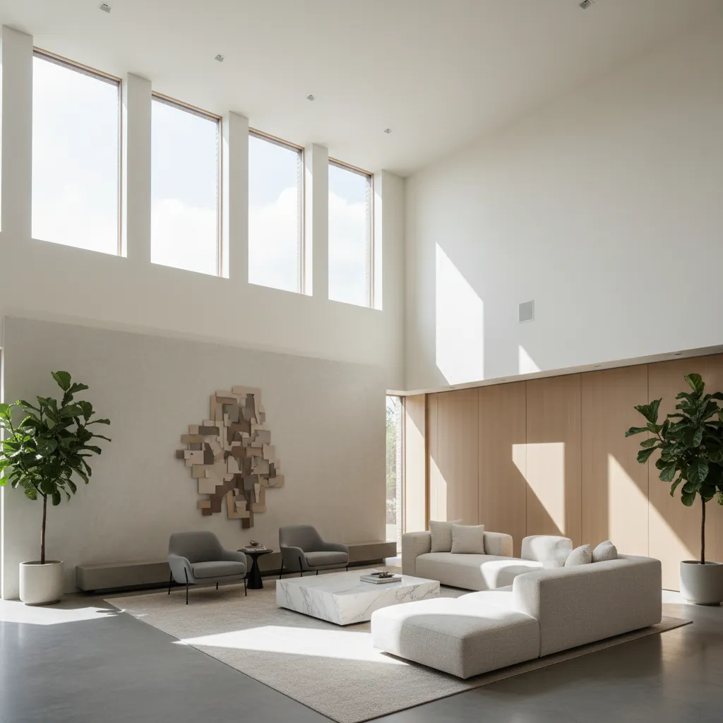 Modern living room with tall windows white walls grey sofas and a marble coffee table