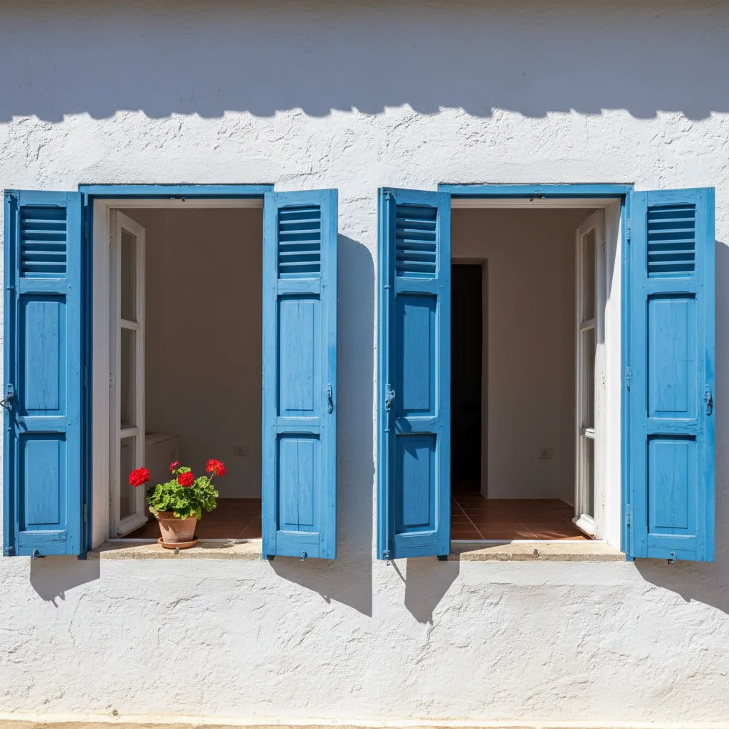 Ventanas grandes con contraventanas en una casa mediterránea luminosa
