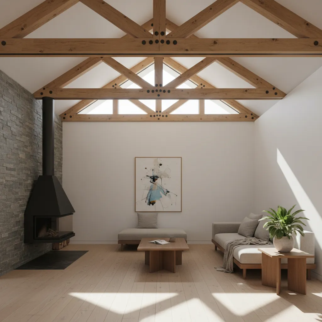 Interior de casa de madera con ventanas altas tipo clerestorio