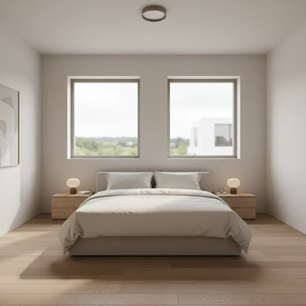dormitorio moderno con dos ventanas cuadradas alineadas