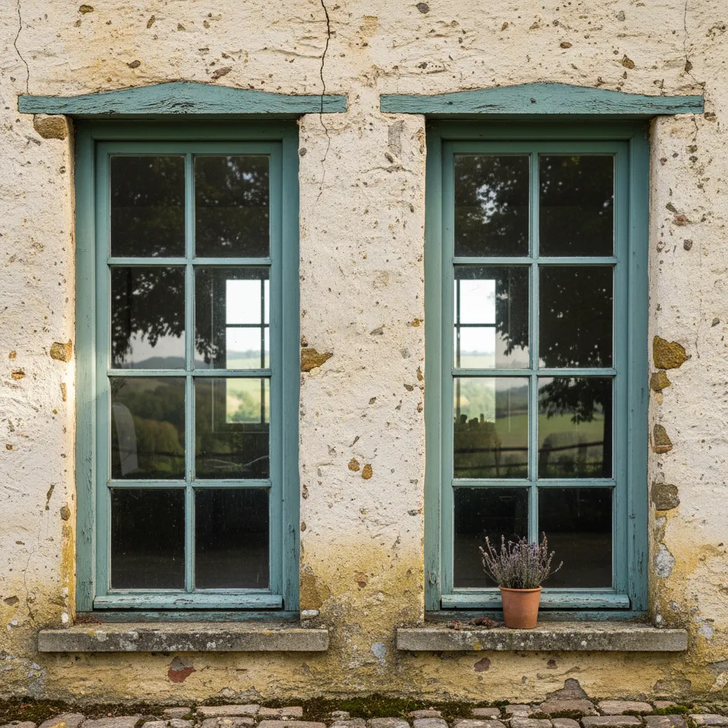Ventanas verticales con marcos de madera en una fachada rural