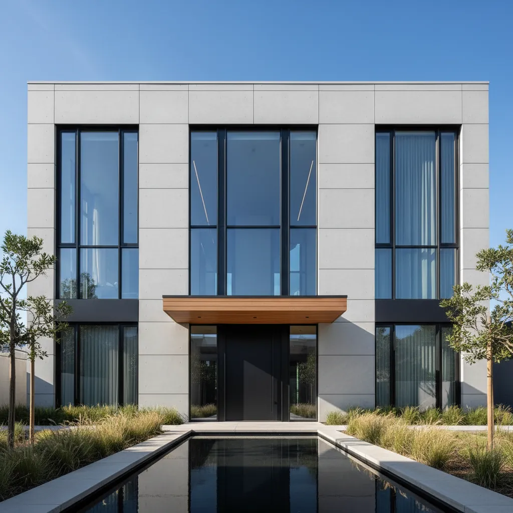 Casa moderna con grandes ventanas verticales en fachada