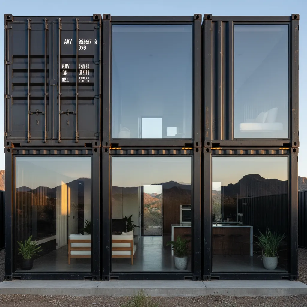 Modern black shipping container house with large windows showing interior living room and kitchen furniture