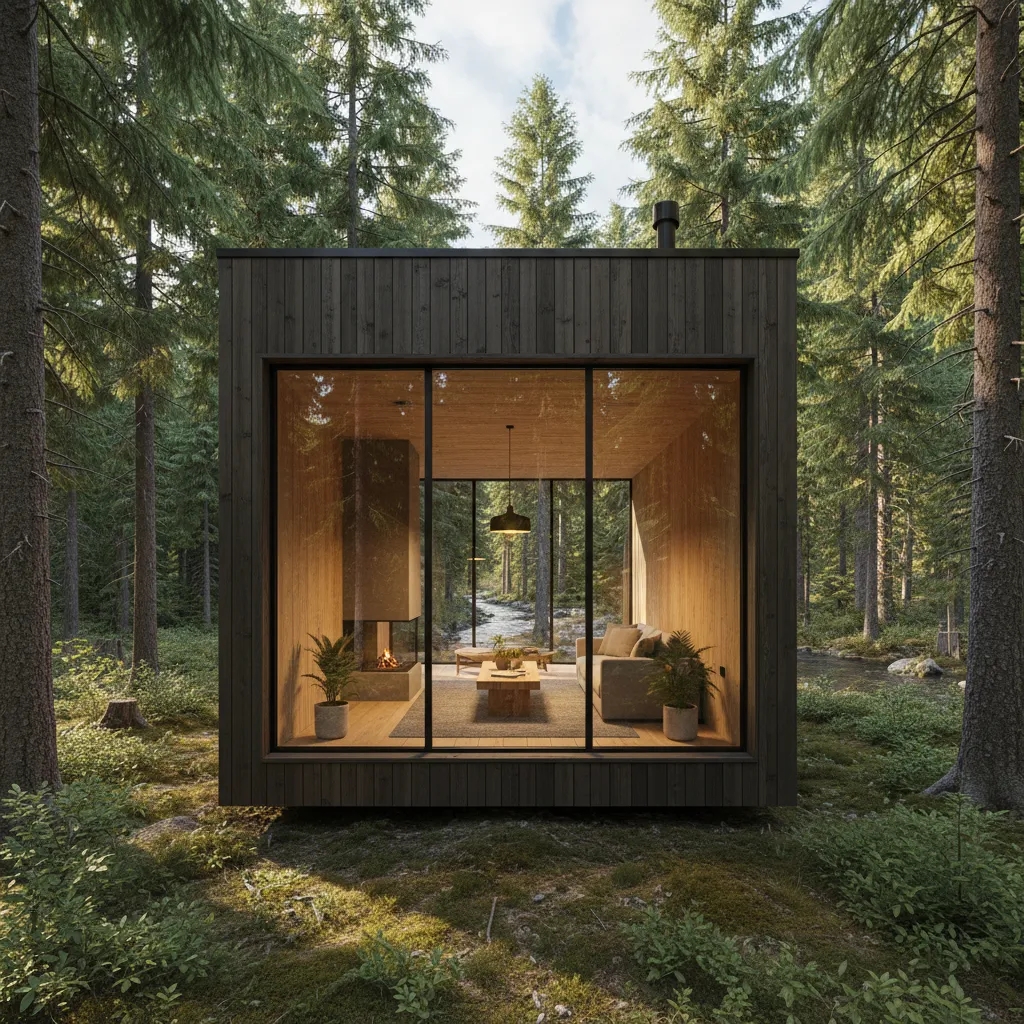 Casa pequeña de madera con grandes ventanas panorámicas