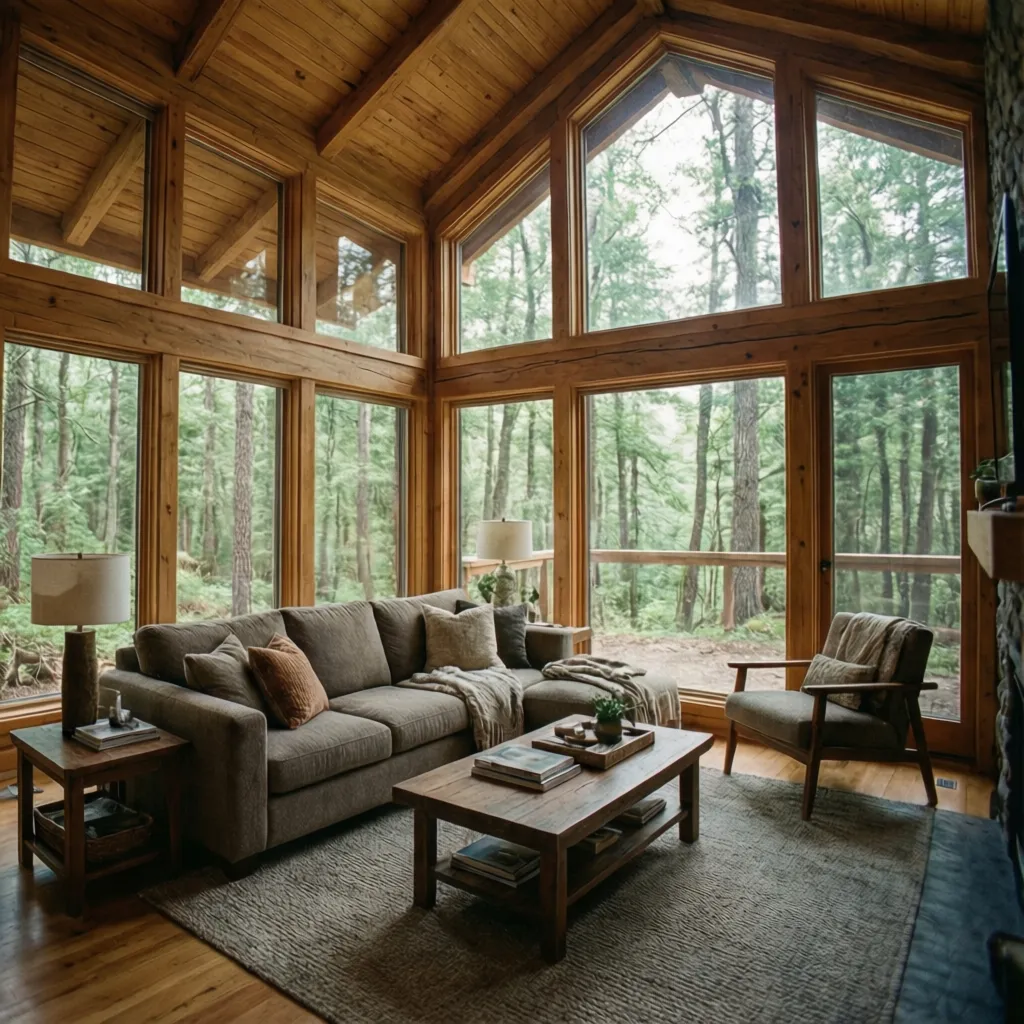 Salón con ventanales grandes típico de una casa estilo canadiense