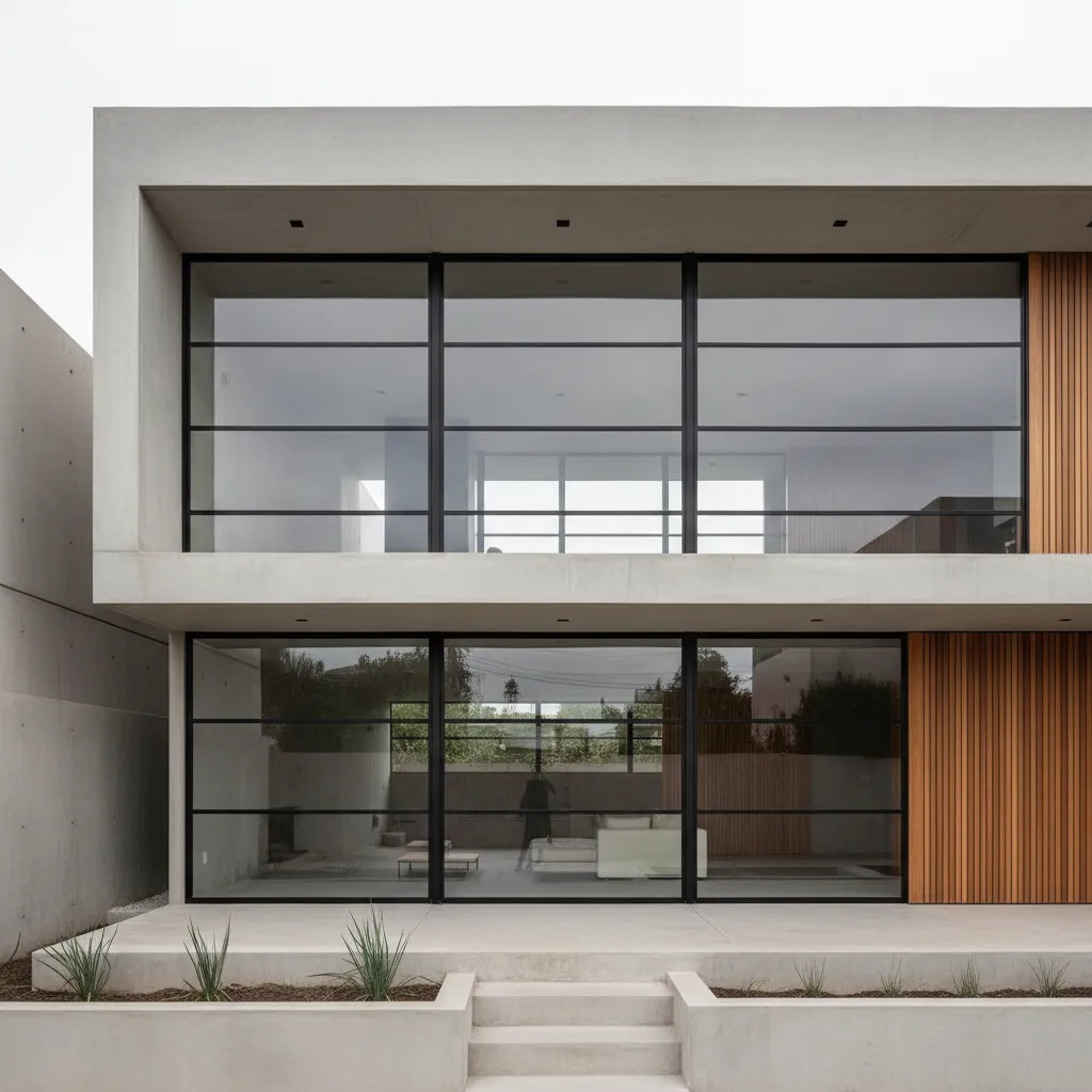 Modern house with large glass windows concrete walls wood panels and a white sofa inside