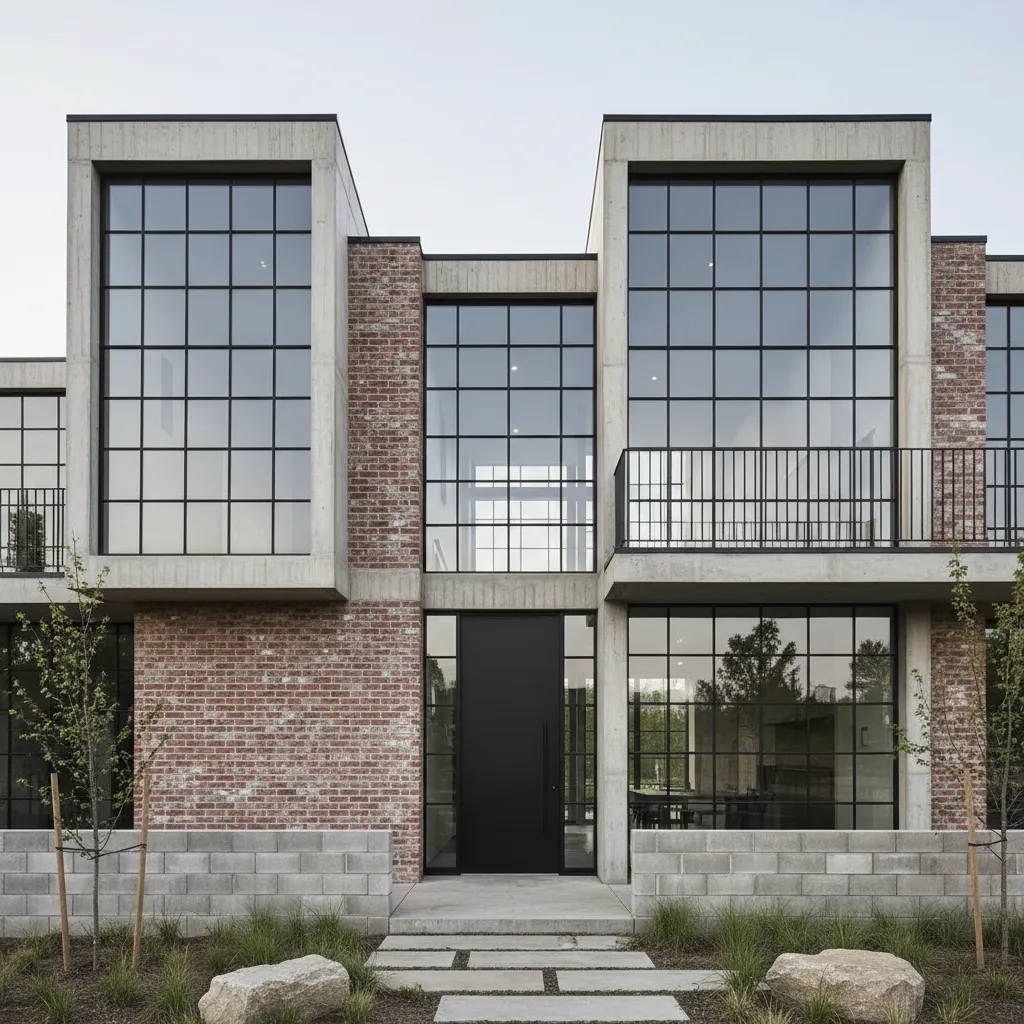 Modern house exterior with red brick walls large black grid windows concrete frames and door