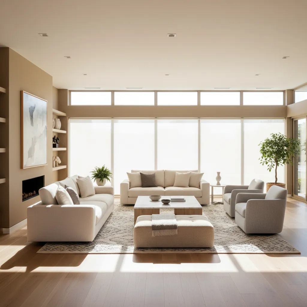 Salón luminoso con ventanas horizontales grandes en una casa de una planta