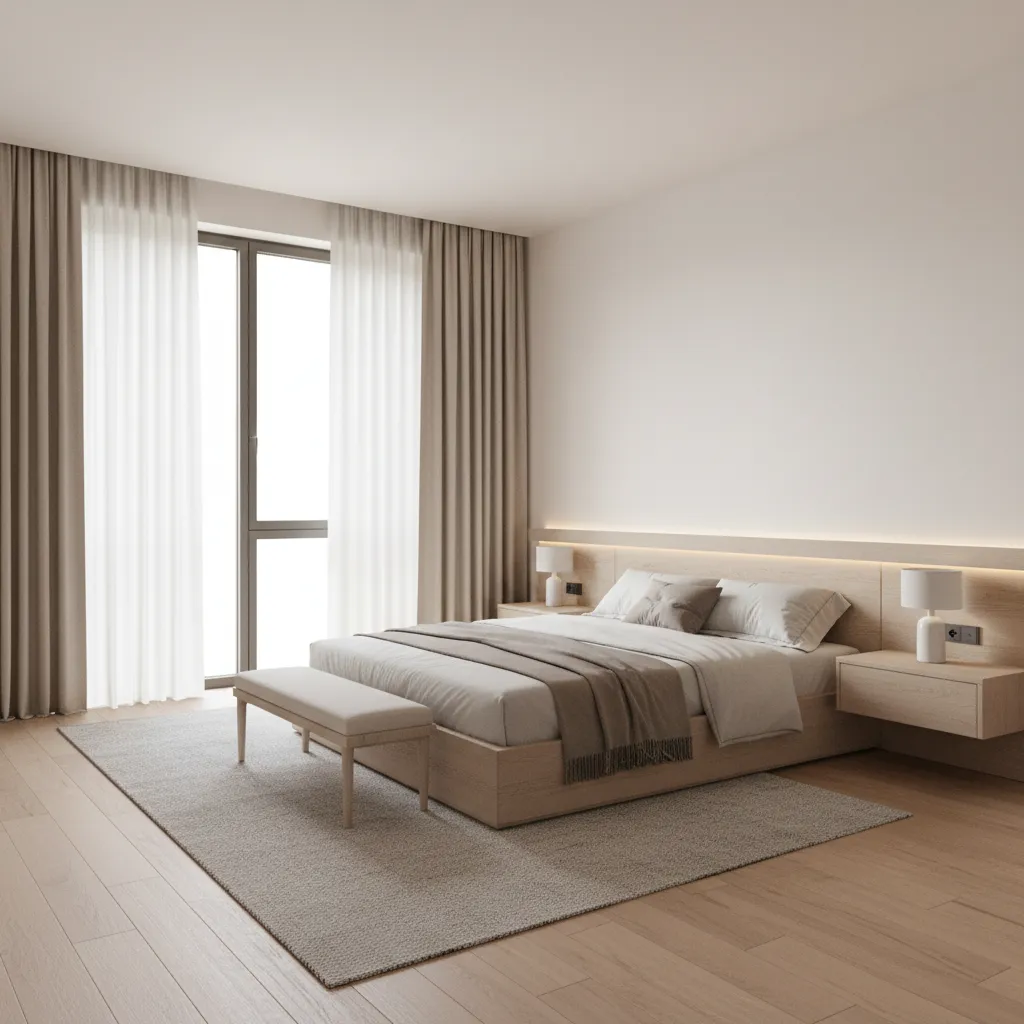 Bedroom with centered window and continuous headboard wall, clear circulation and soft daylight