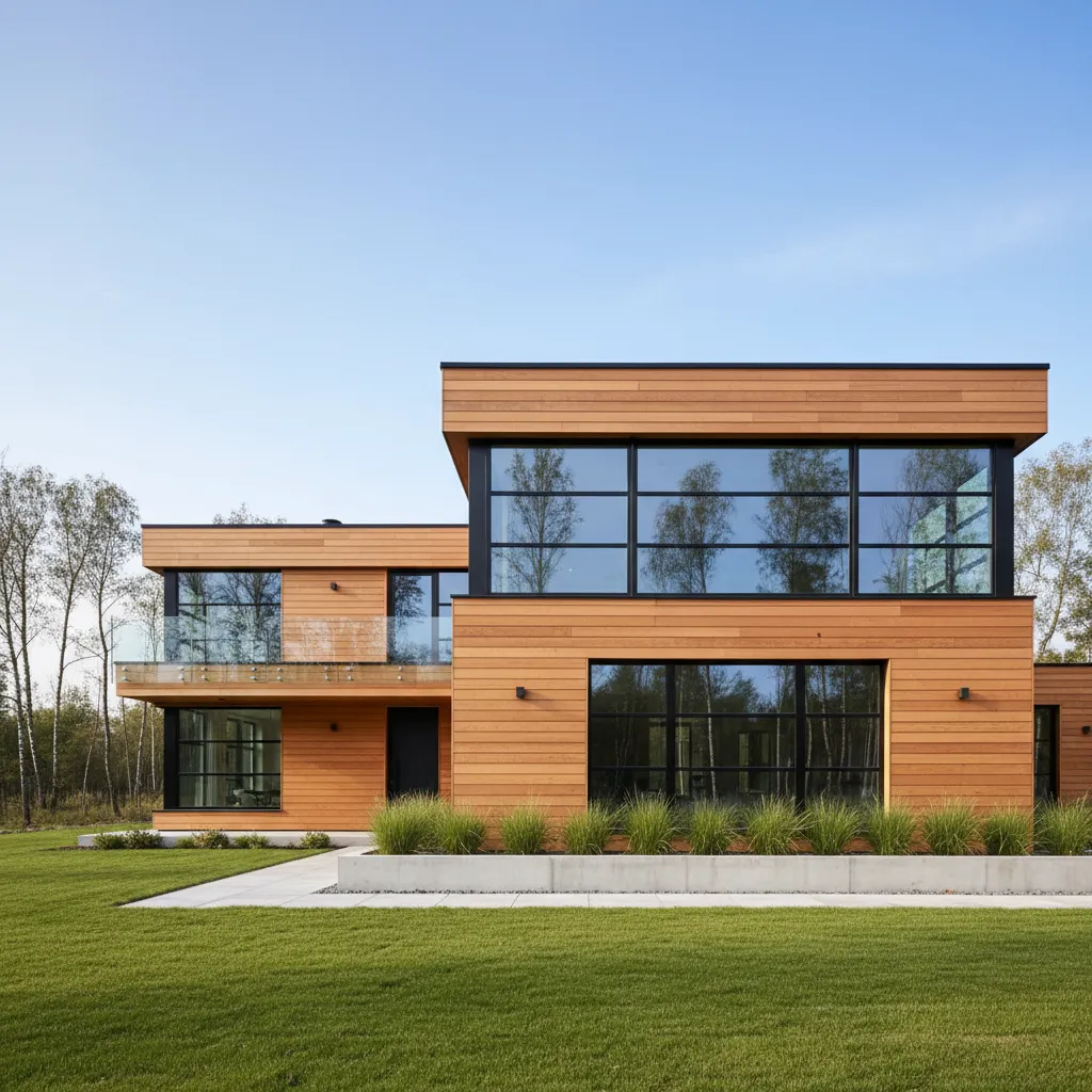 Casa de madera moderna con marcos de ventana negros