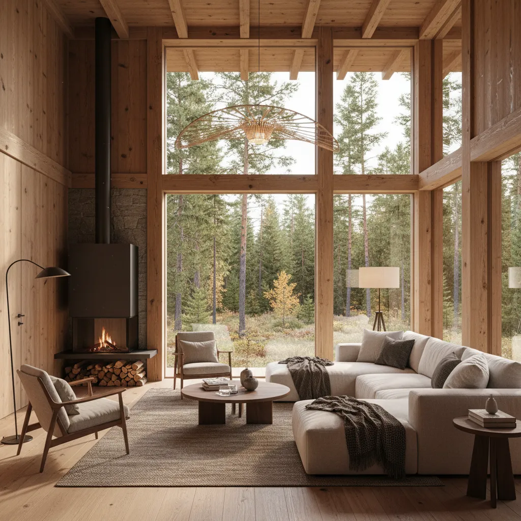 Salón de casa de madera con grandes ventanales y vista al bosque
