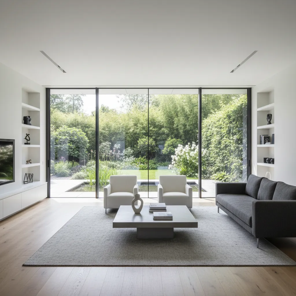 Grandes ventanas metálicas panorámicas en sala moderna