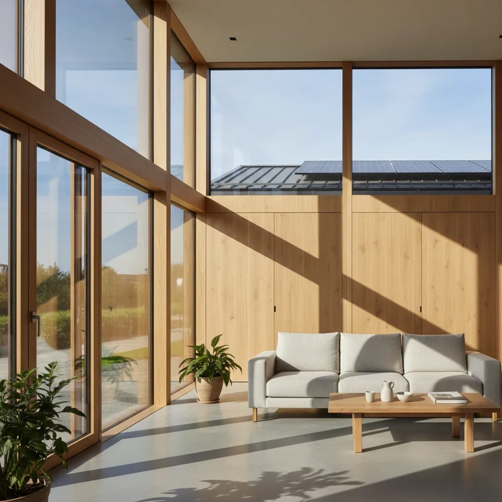 Ventanas grandes de triple acristalamiento en vivienda pasiva